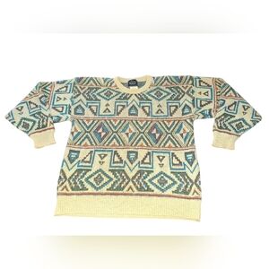 Vintage Woolrich Cream Crewneck Sweater with Teal, Navy & Brown Aztec Pattern